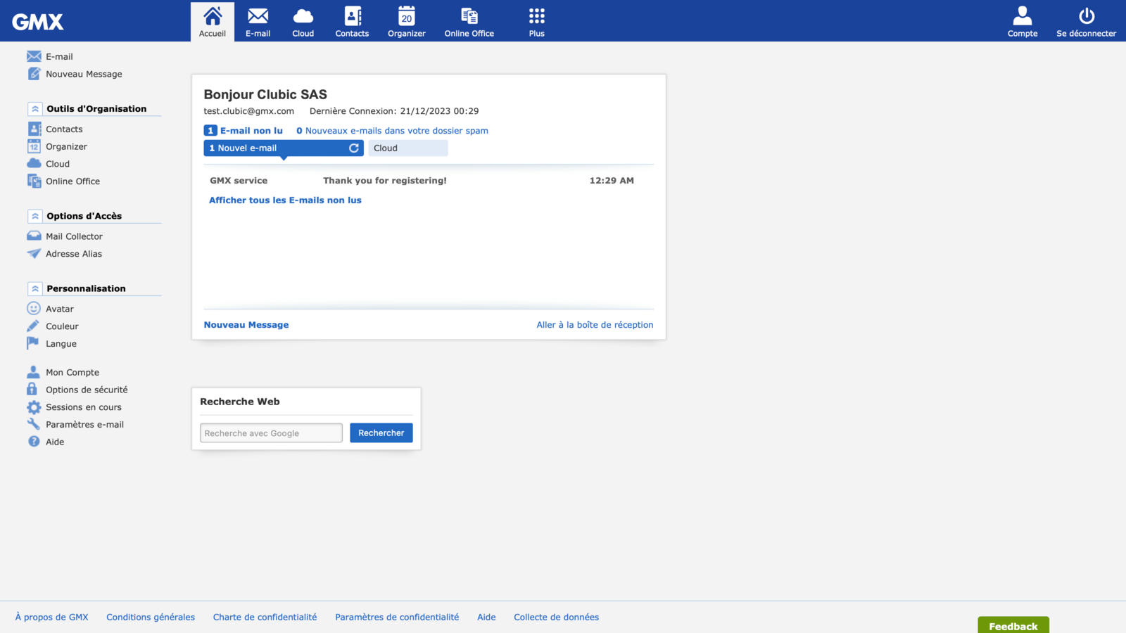 Ouvrir sa boîte mail depuis la page d'accueil