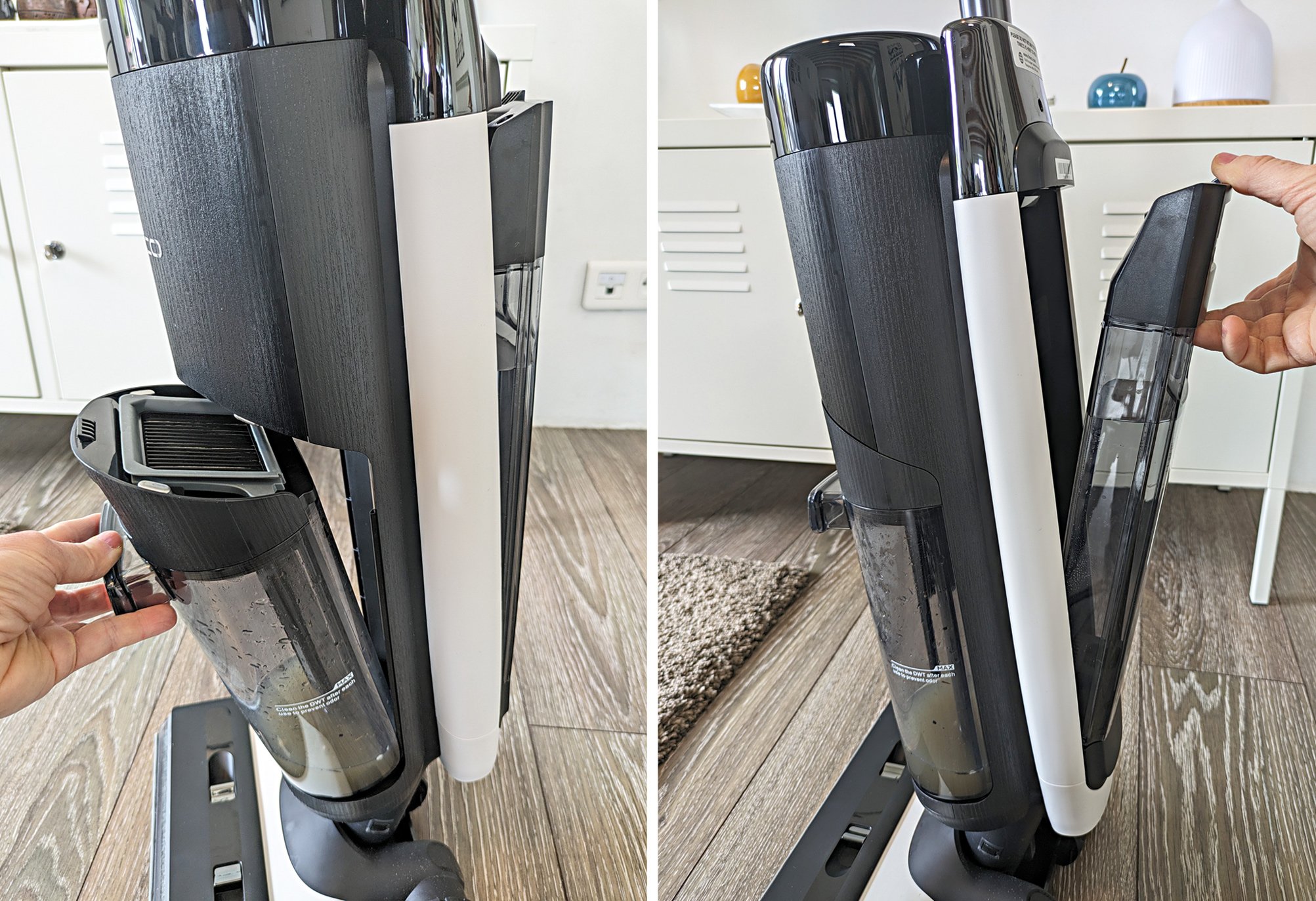 Le Tineco Floor One S7 Pro et ses deux réservoirs © Clubic