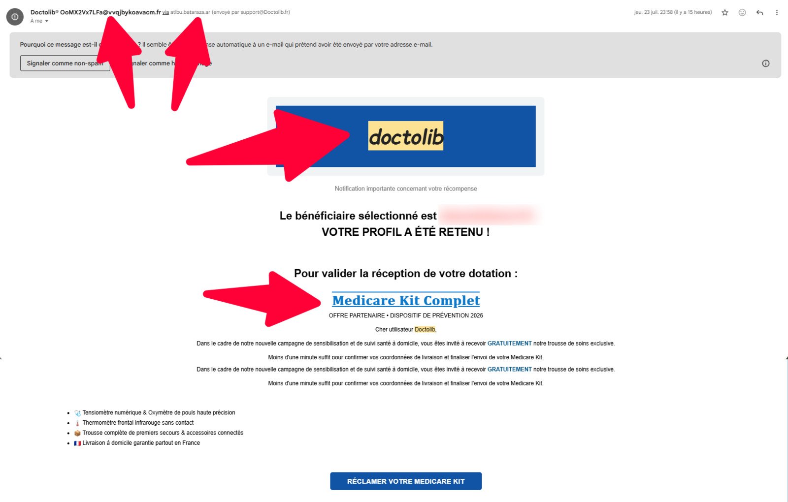 Voici l'un des e-mails de phishing Doctolib qui circulent en ce moment. Nos flèches indiquent les indices grossiers qui doivent, en théorie, vous mettre rapidement la puce à l'oreille. © Alexandre Boero / Clubic