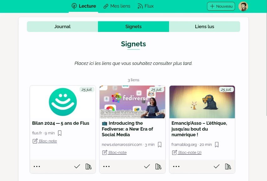 Flus centralise et organise des flux RSS et liens dans un espace en ligne simple, pensé pour une veille thématique rapide sans surcharge fonctionnelle - © Flus