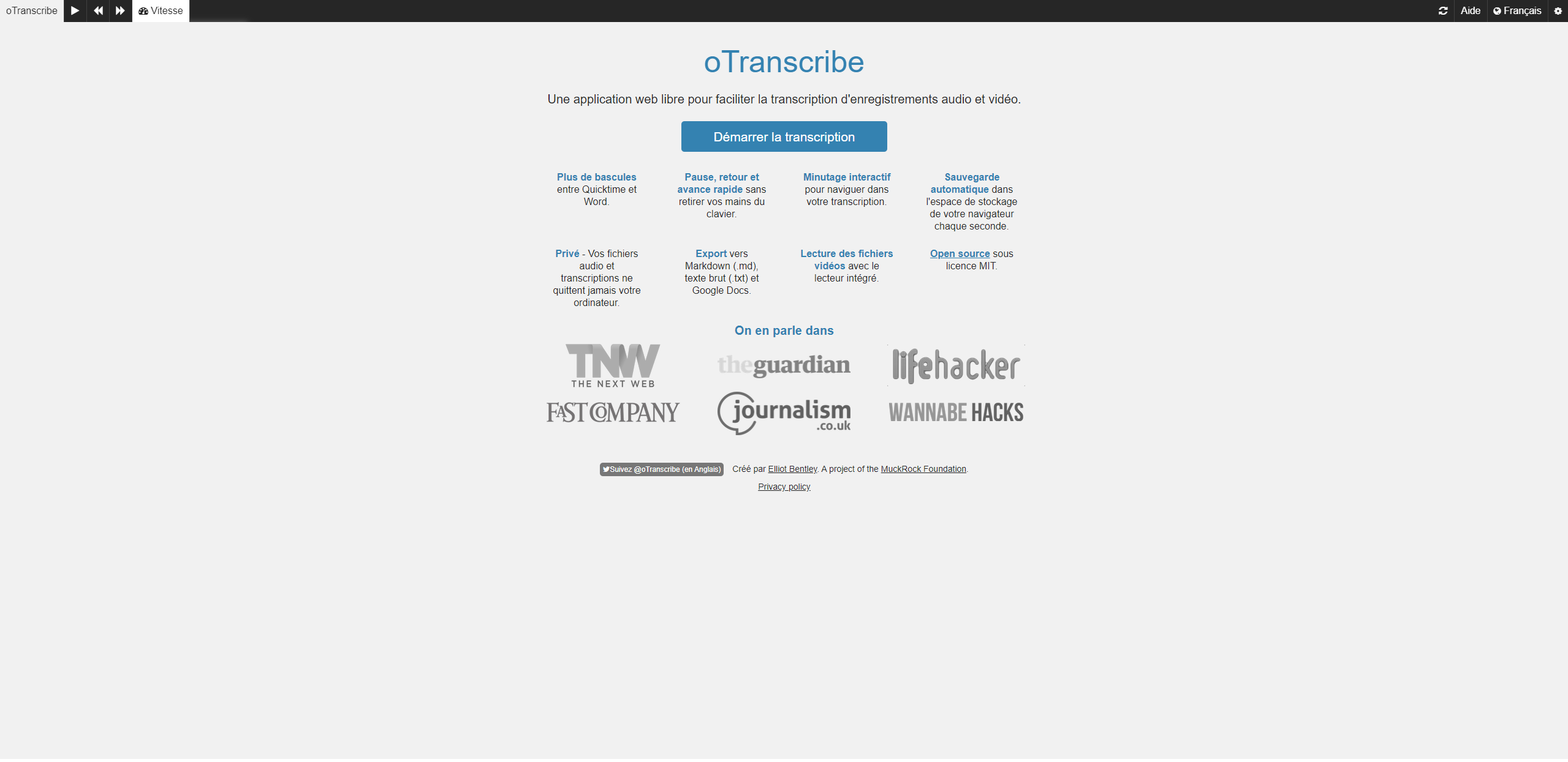 oTranscribe Accueil