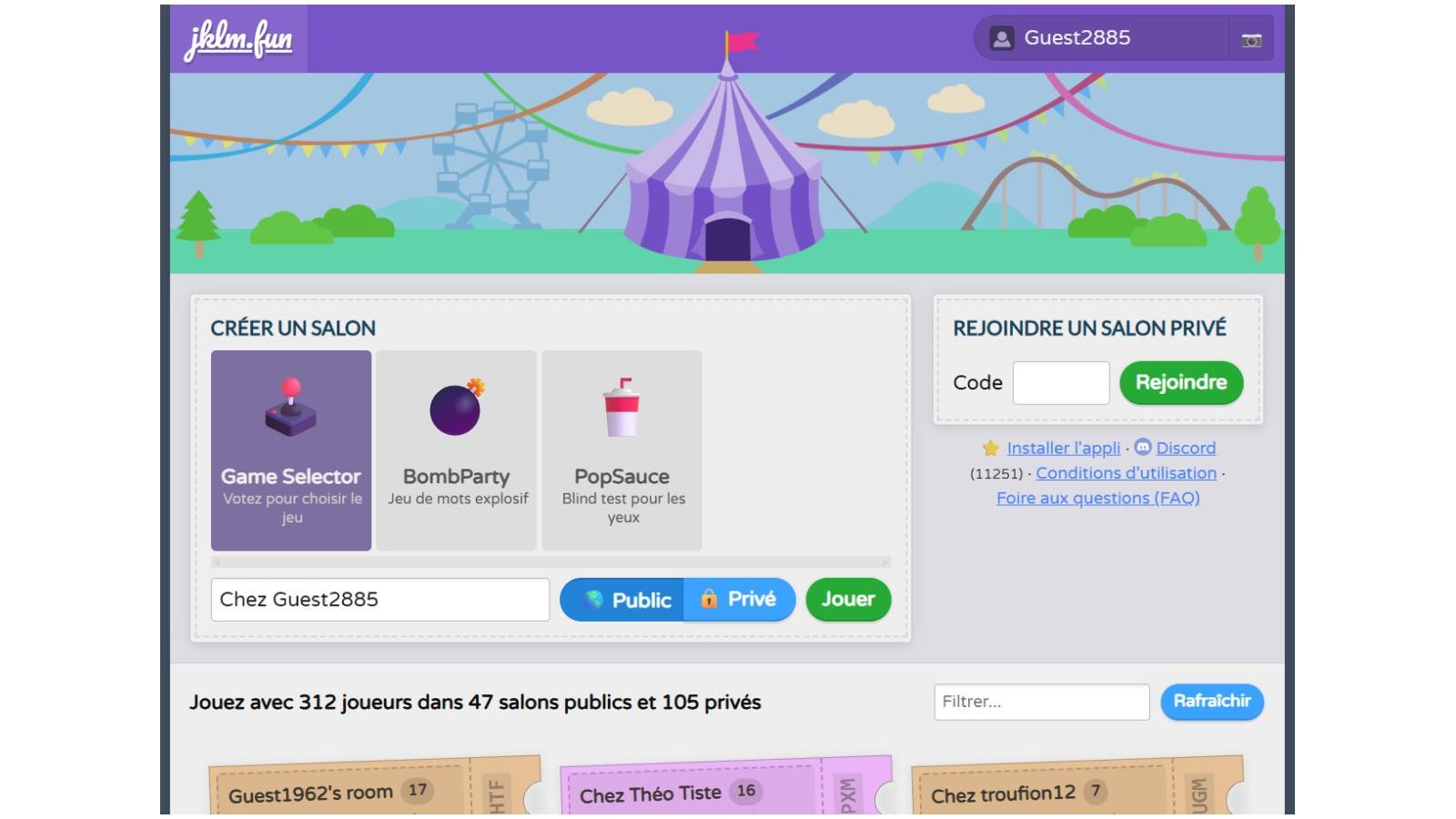 JKLM est une plateforme de jeux multijoueurs sur navigateur qui permet de créer une salle privée et de jouer gratuitement entre amis, sans installation. © Sparklin Labs