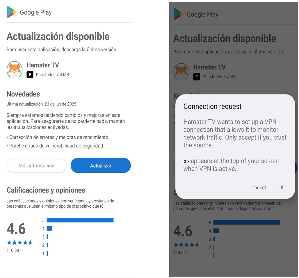 ToxicPanda affiche une fausse interface imitant le Play Store pour inciter sa victime à autoriser la connexion VPN, première étape avant l’installation de sa charge malveillante. © Zimperium