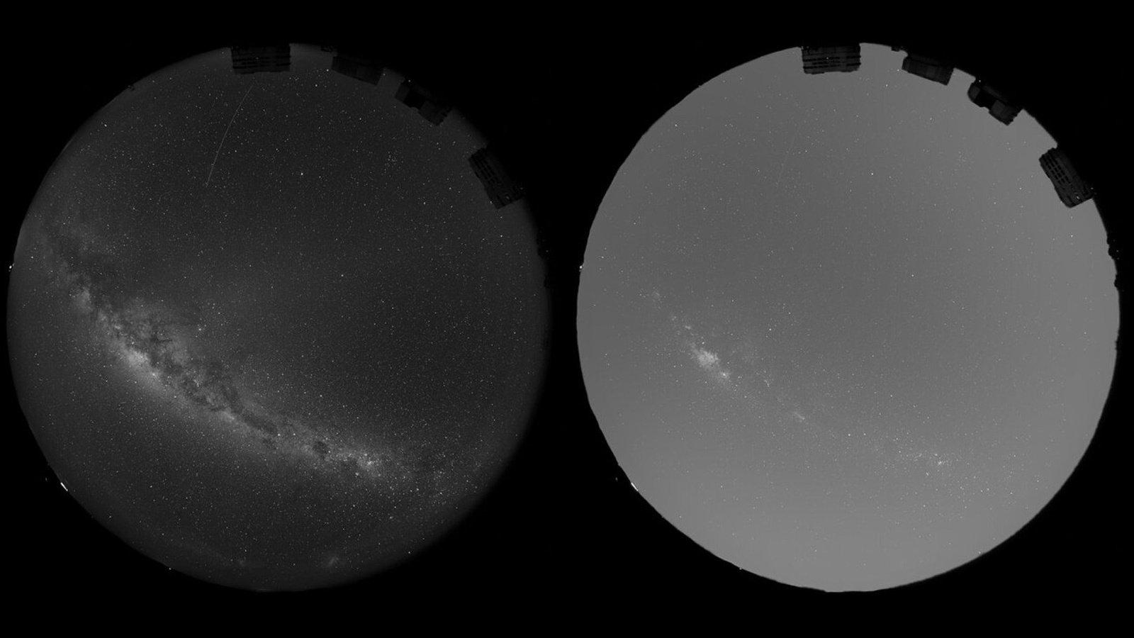 À gauche : Un ciel nocturne sans lune observé au-dessus du Très Grand Télescope de l'ESO. À droite : Une simulation montrant comment les 50 000 miroirs spatiaux proposés par Reflect Orbital pourraient rendre le ciel 3 à 4 fois plus lumineux, affectant potentiellement les observations astronomiques - ©ESO / O. Hainaut