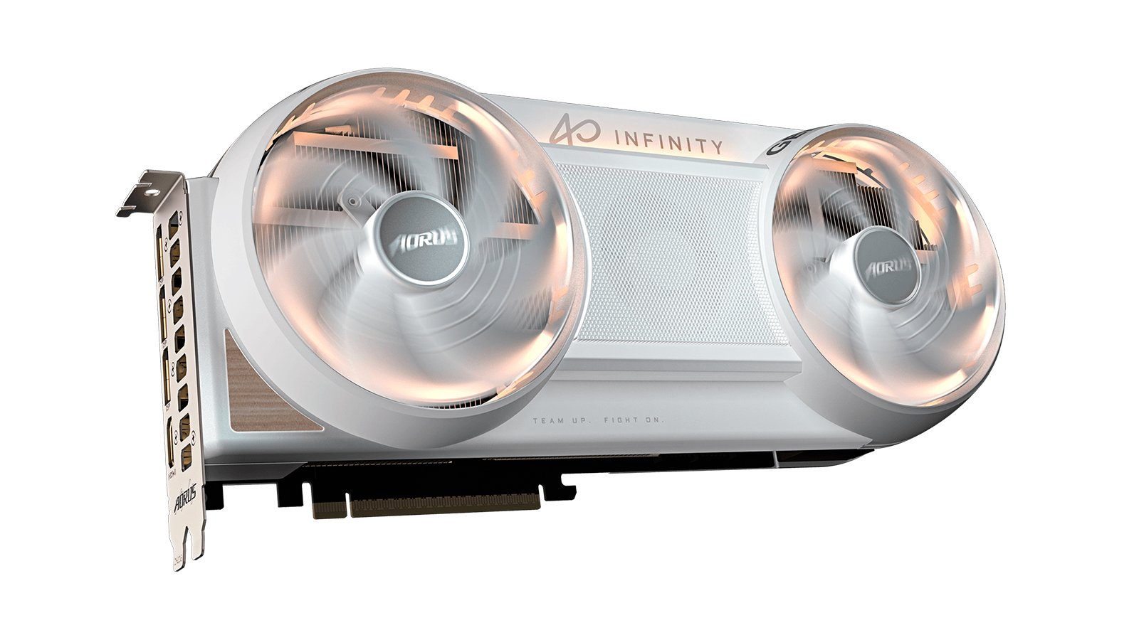 La RTX 5080 Infinity Wood se distingue par sa finition blanc mat et beige, rehaussée d’un insert en bois de noyer. ©Gigabyte