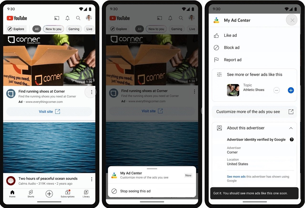 Sur YouTube, vous pouvez appuyer sur le menu à trois points à côté d'une annonce pour accéder à “Mes préférences publicitaires” et choisir les sujets et les marques que vous souhaitez voir plus, ou moins (© Google)