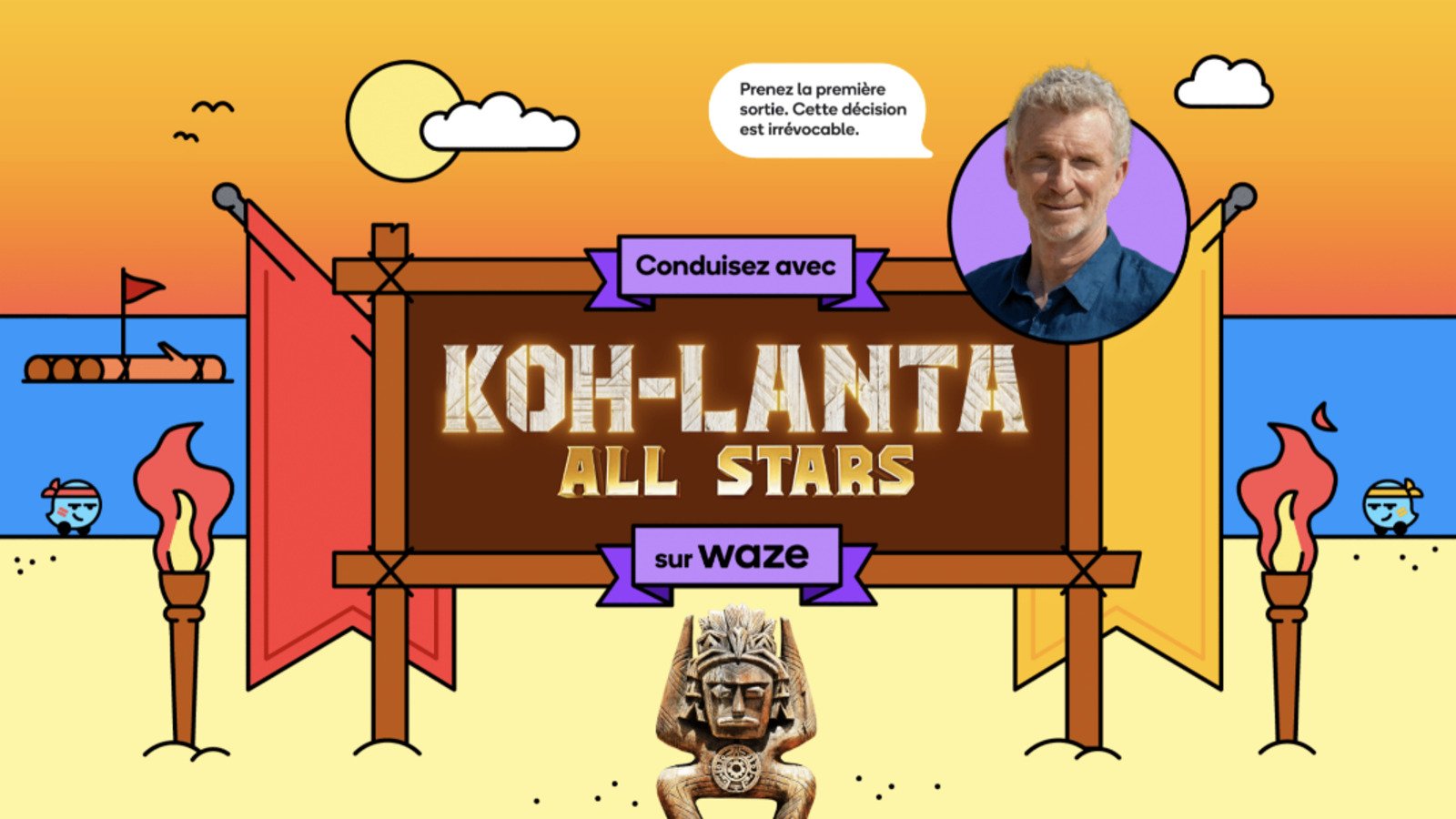 L'expérience "L'Épreuve des Routes" met en scène l'univers de "Koh-Lanta All Stars" directement dans Waze, avec la voix de Denis Brogniart aux commandes. © TF1 / Waze