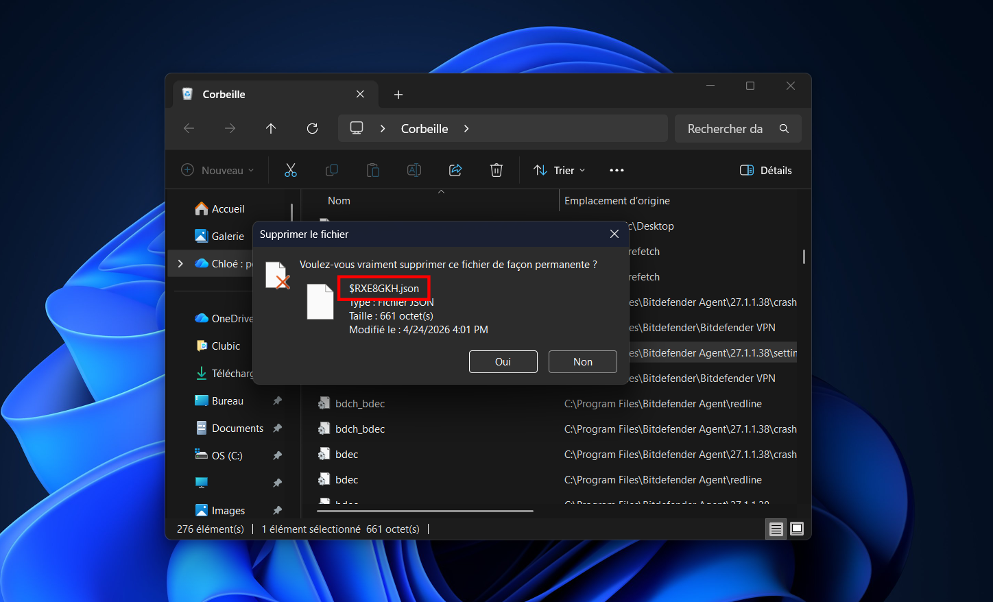 Quand Windows affiche $RXE8GKH.json au lieu du vrai nom du fichier, difficile de contrôler rapidement que l’on supprime bien le bon élément. © Clubic