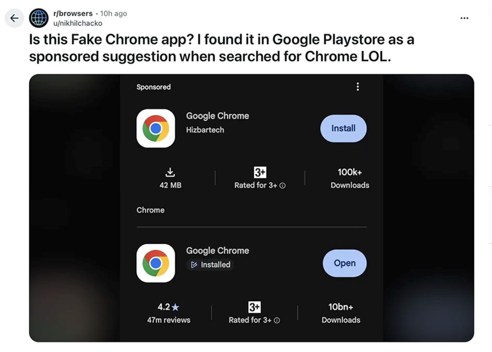 Si Google a laissé passer ce faux Chrome, c’est d’abord parce que Hizbartech a soumis un jeu inoffensif et n’a modifié la fiche qu’après sa validation - ©PiunikaWeb