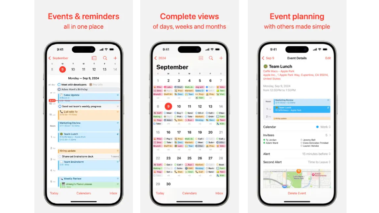 Calendrier réunit vos événements, rappels, jours fériés et agendas partagés dans une seule application pour mieux organiser votre emploi du temps. © Apple