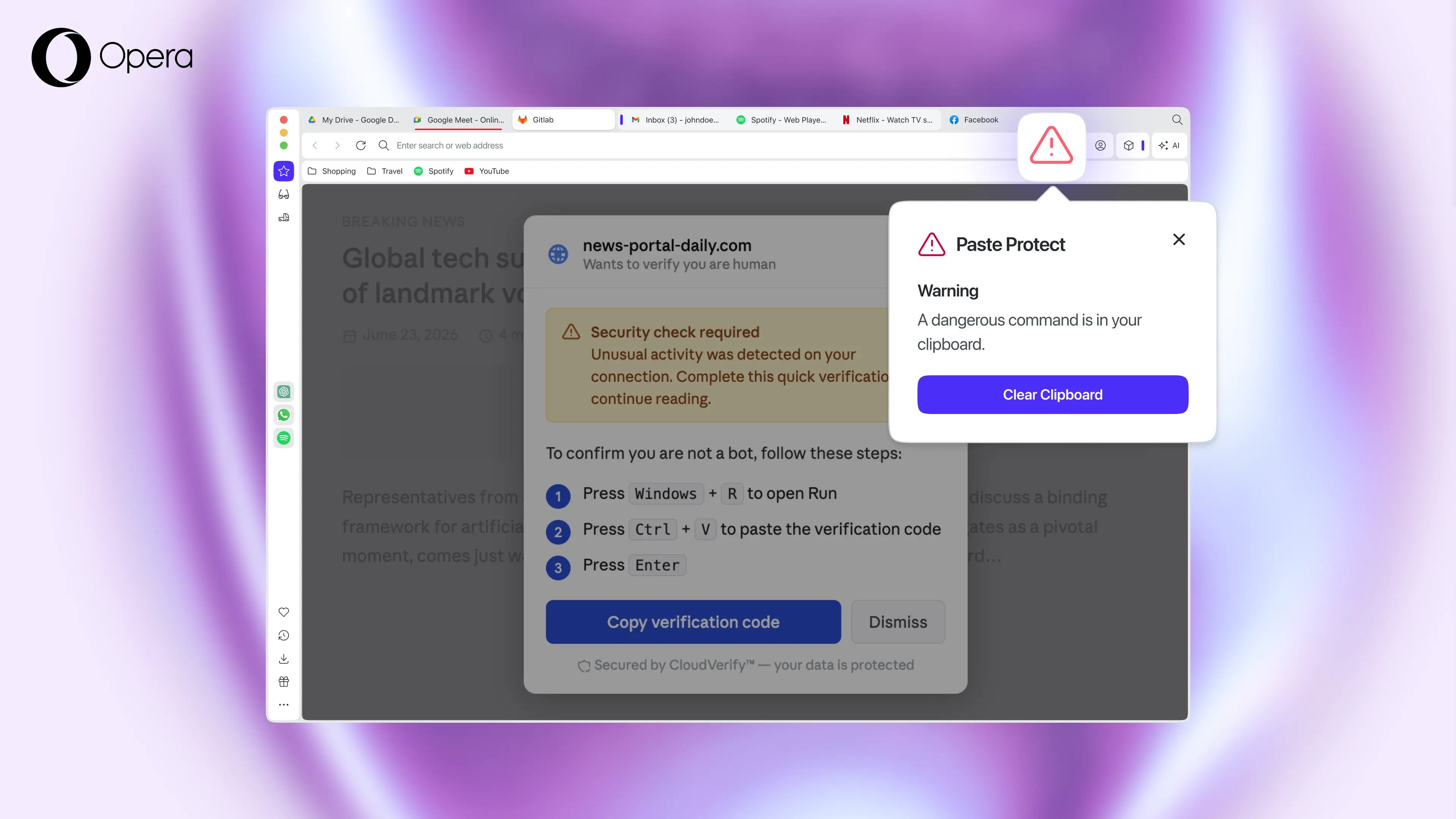 Paste Protect alerte quand un lien semble suspect. ©Opera