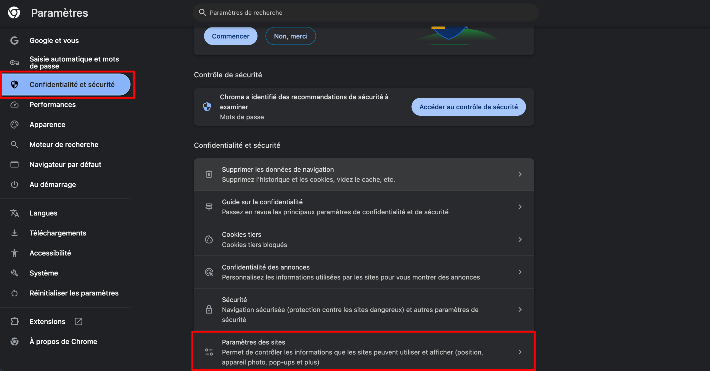 Accédez aux paramètres des sites dans Chrome. © Clubic