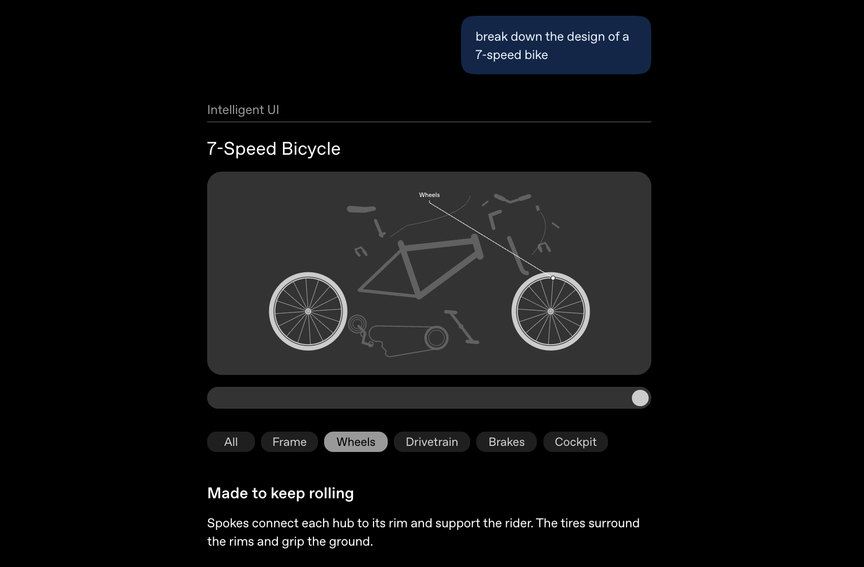 Vue éclatée d'un vélo avec pièces rangées par catégories. ©OpenAI
