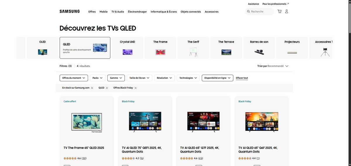 Capture d'écran du site Samsung, avec des téléviseurs en Black Friday. © Alexandre Boero / Clubic