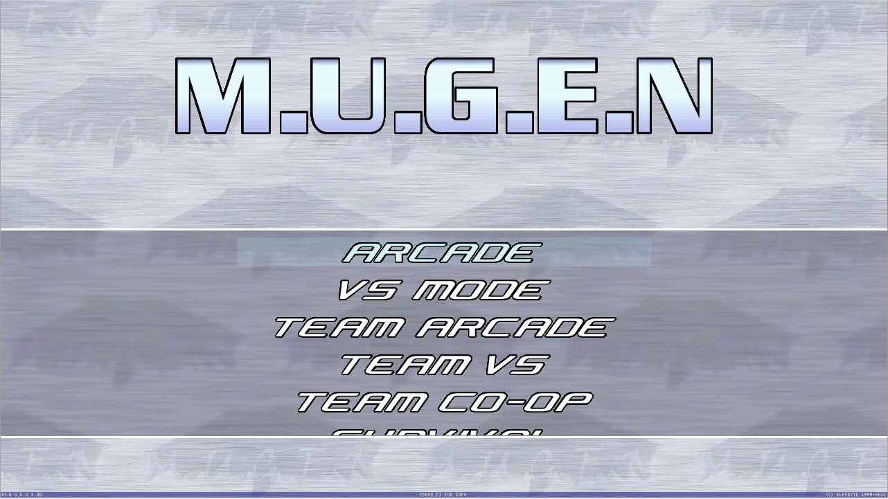 Écran d’accueil de Mugen avec les différents modes de jeu disponibles, dont Arcade, VS et Team. © Elecbyte