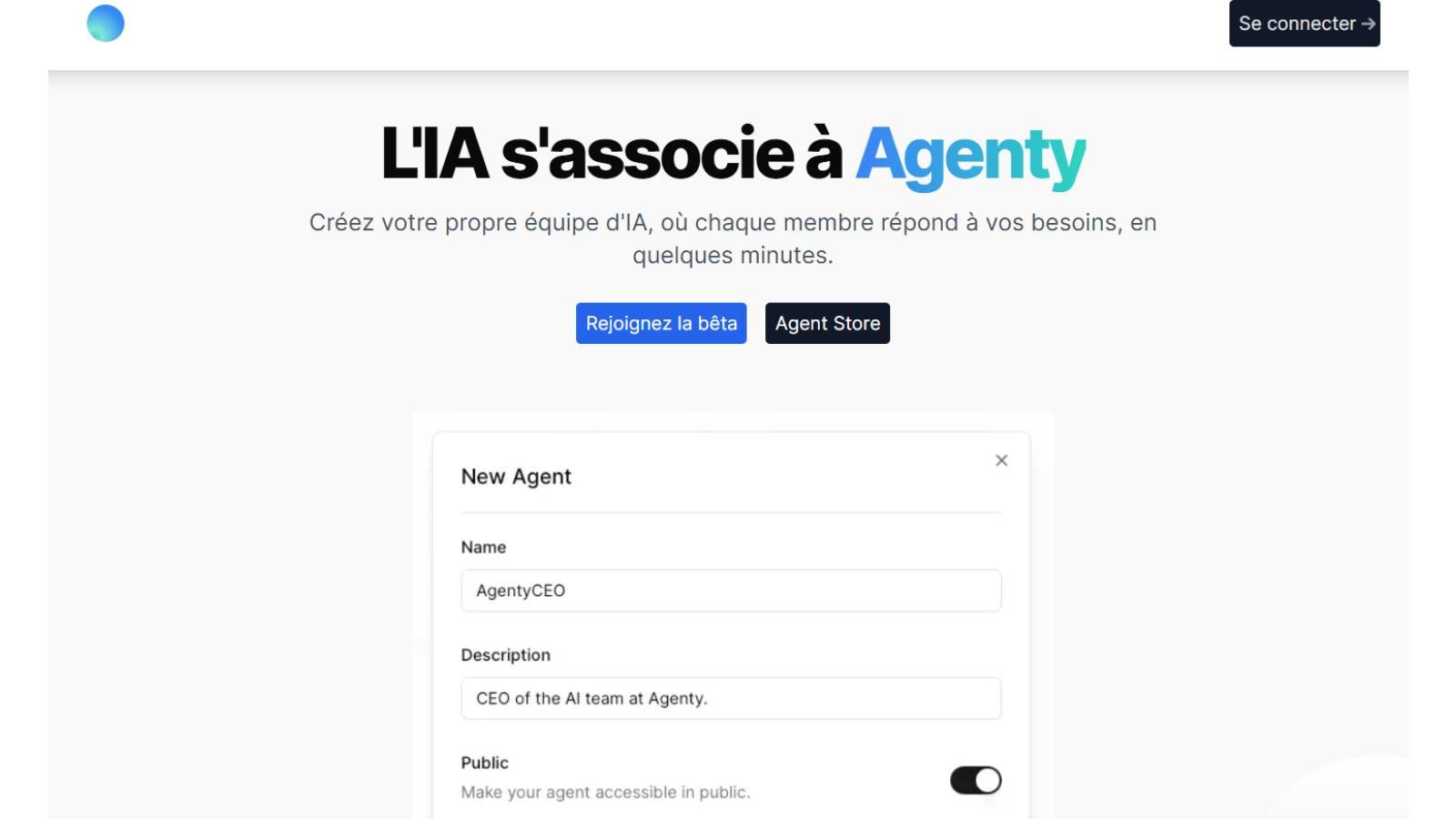 Agenty permet de créer votre propre équipe d'agents intelligents. Le service est actuellement disponible en bêta fermée avec une inscription sur liste d'attente. © Agenty