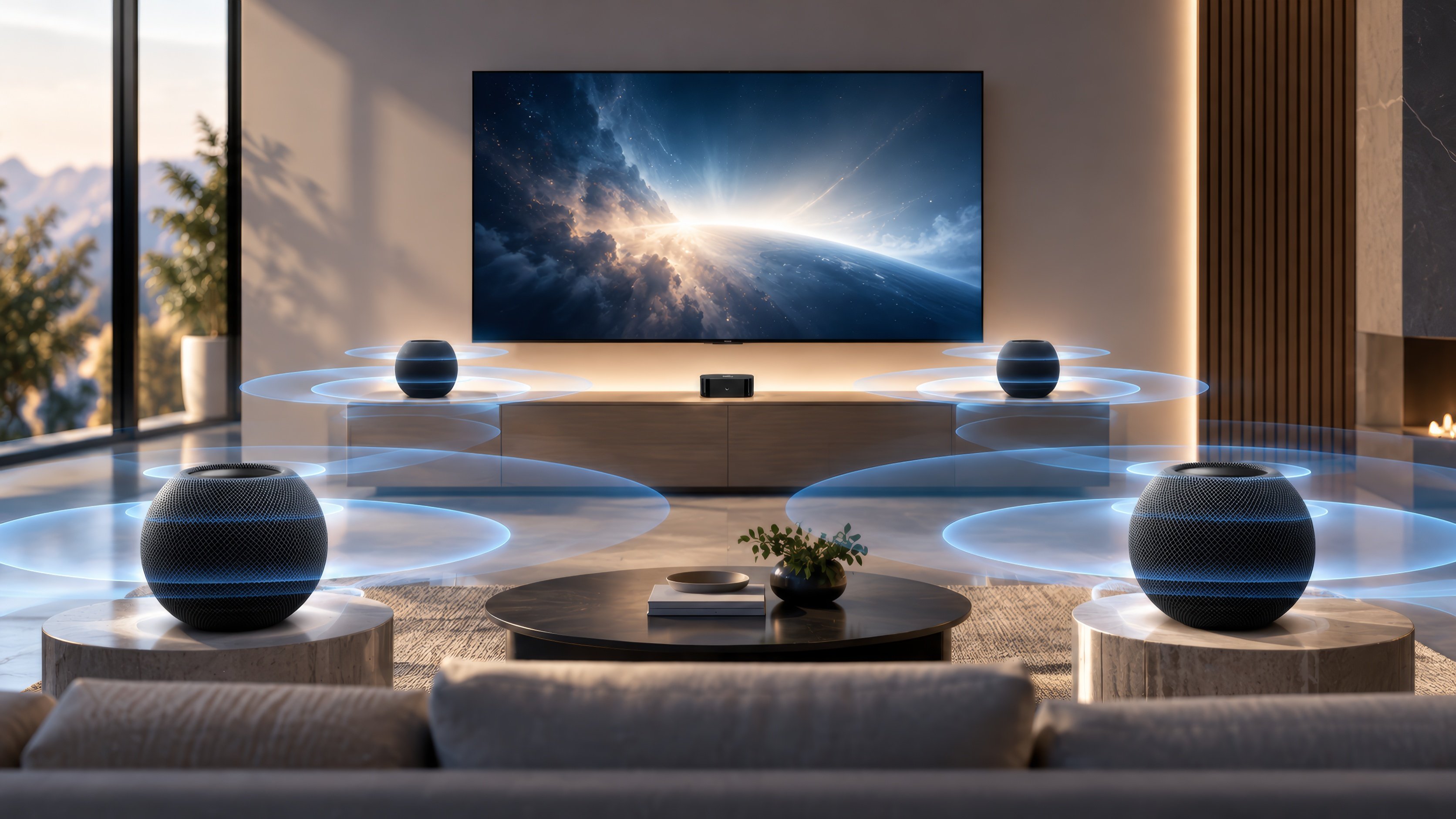 Avec sa nouvelle Apple TV 4K, Apple permet d’associer quatre HomePod pour créer un système surround. Une solution séduisante sur le papier, mais dont les performances restent à vérifier. © Apple / Clubic