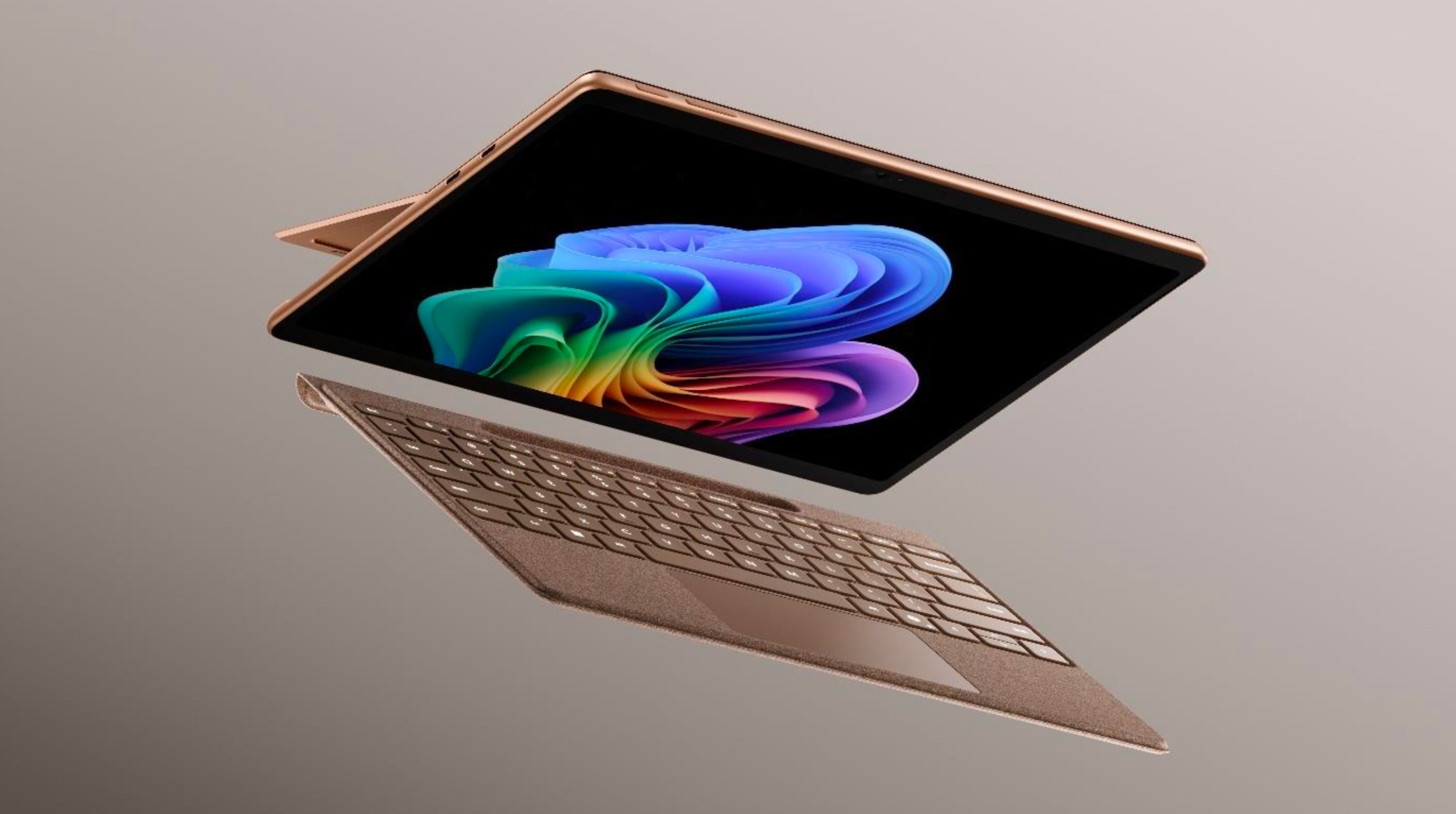 La nouvelle Surface Pro 12 et son clavier détachable, dans leur nouveau coloris « Dune ». © Microsoft