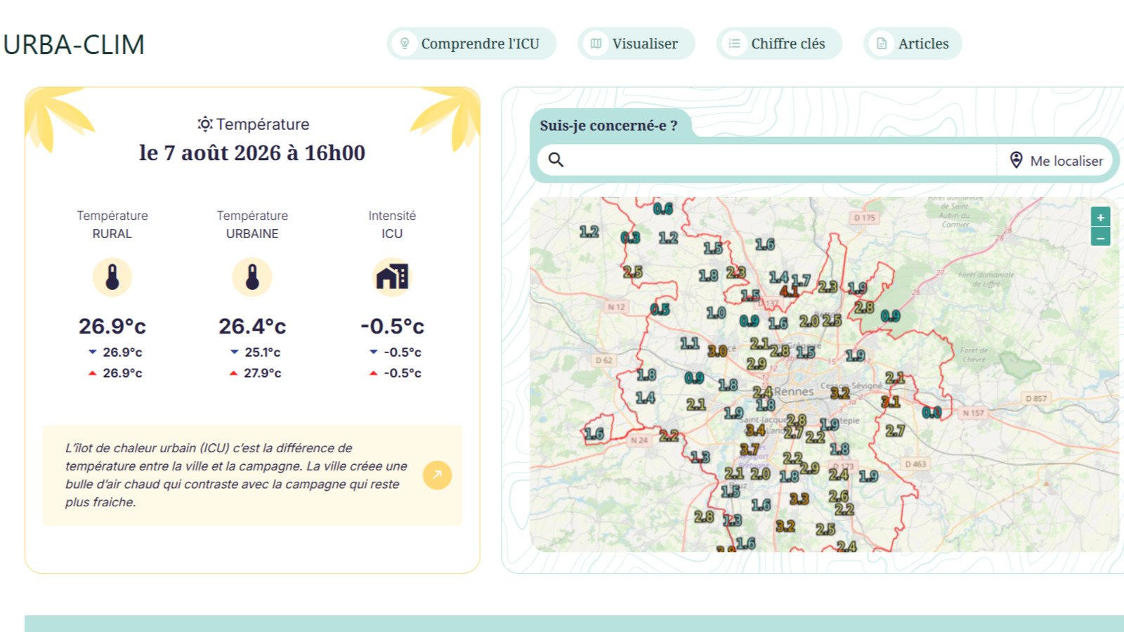 La page d'accueil d'Urba-Clim permet de visualiser d'un coup d'oeil la température et l'indice d'îlot de chaleur urbain. © Alexandre Boero / Clubic