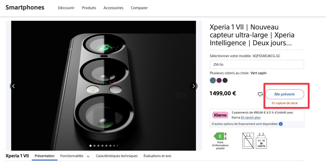 Sorti fin juin 2025, le Sony Xperia 1 VII est indisponible à la vente. Capture d'écran.