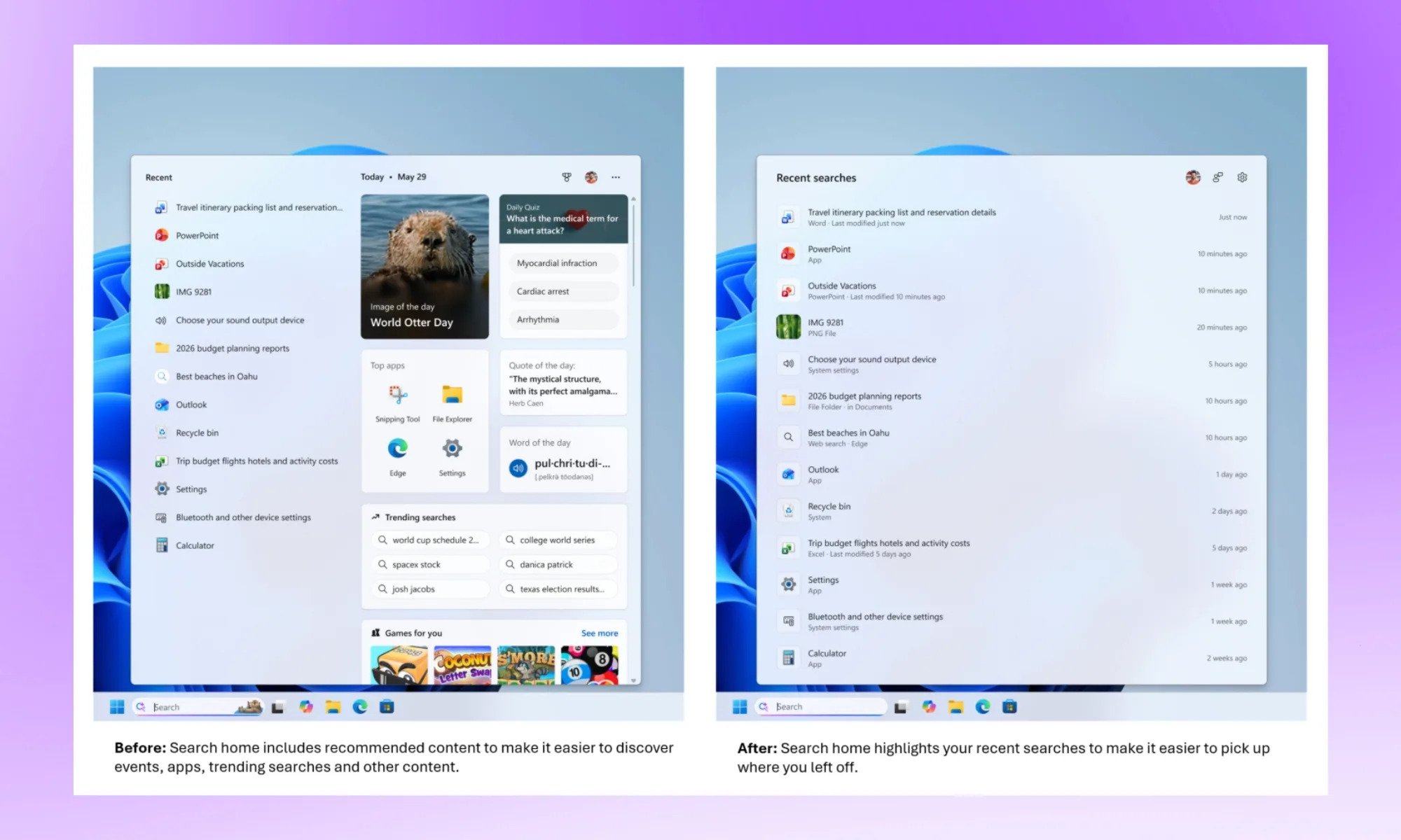 Avant et après, sans la recherche Bing, la barre de recherche est pus lisible. ©Microsoft