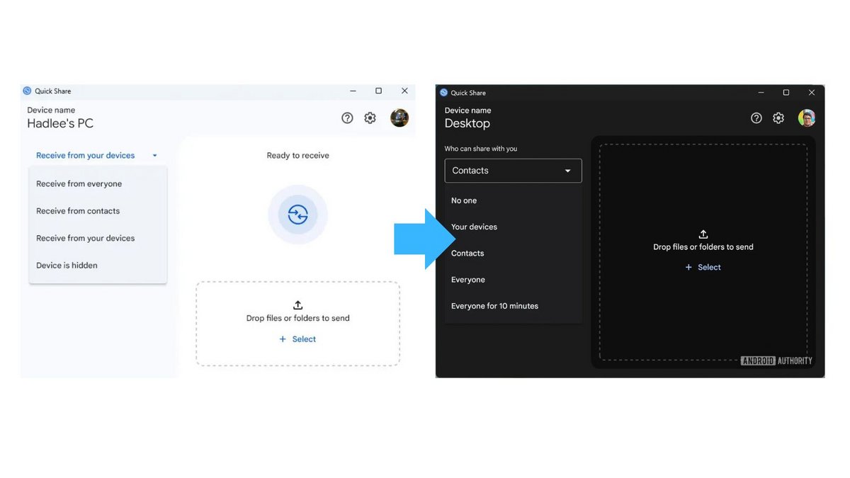 Quick Share se refait une beauté sous Windows. ©Google / Android Authority