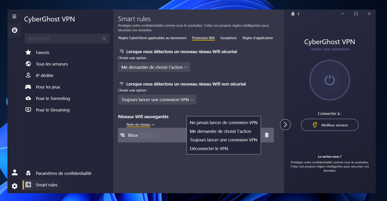 Sur CyberGhost, la connexion automatique aux réseaux inconnus vous protège contre les hotspots non sécurisés © Clubic