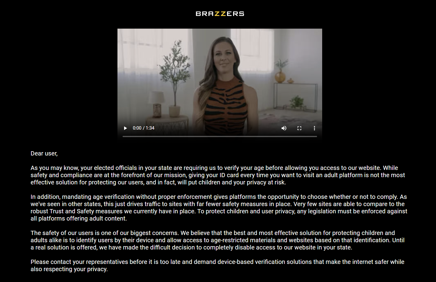 Toute personne visitant un site Aylo est désormais accueillie par un message délivré par Cherie DeVille © Pornhub