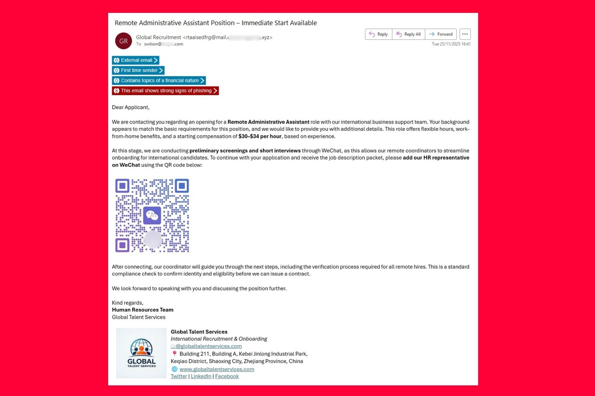 Voici l'un des e-mails frauduleux utilisés par les hackers. © KnowBe4 / Clubic