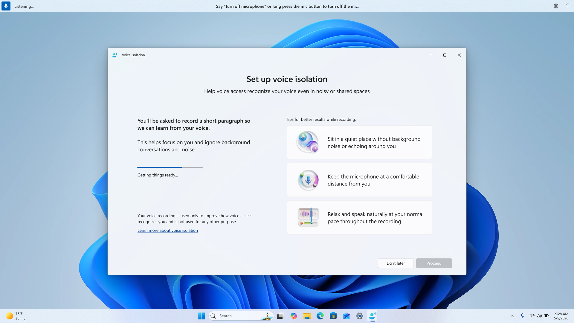 Pour activer l’isolation, l'Accès vocal demande d’enregistrer un court texte afin de mieux reconnaître votre voix dans les environnements bruyants. © Microsoft