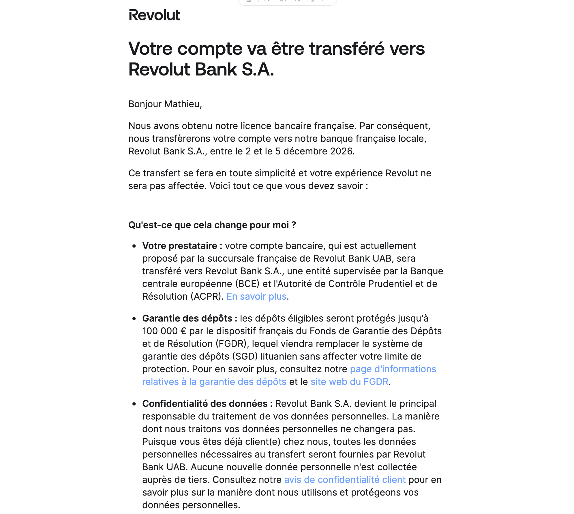 Le mail envoyé à tous les clients Revolut ©Mathieu Grumiaux