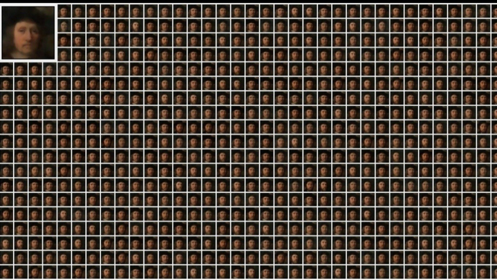 En haut à gauche, nous présentons une image générée par un modèle entraîné sur des œuvres du domaine public créées par 744 artistes. À côté, figurent toutes les images qui auraient été générées si l'un de ces 744 artistes avait été omis de l'ensemble d'entraînement. Cet ensemble d'images est créé par une méthode d'ablation, ce qui nous permet de nous affranchir de l'entraînement de 744 nouveaux modèles pour produire ces 744 images contrefactuelles. - ©Nature