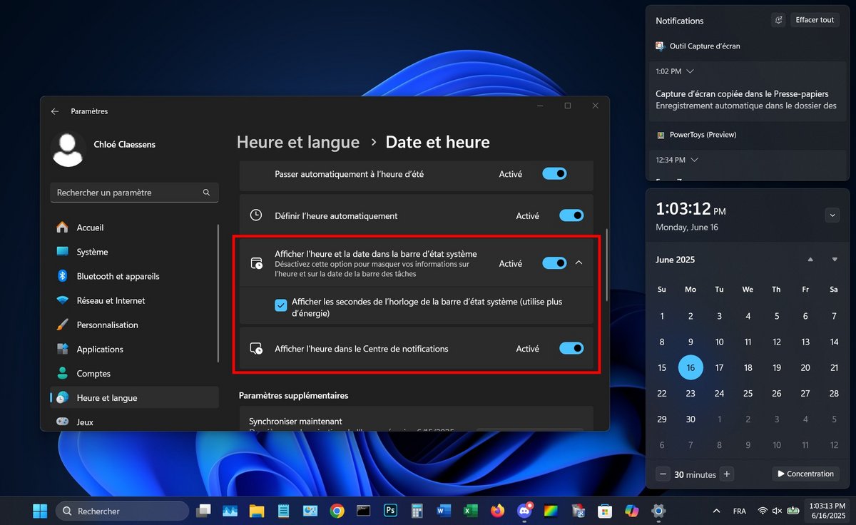 Retour de l'horloge au dessus du calendrier, affichage des secondes : Windows 11 chercherait-il à séduire les utilisateurs et utilisatrices de Windows 10 en revenant sur des fonctions longtemps abandonnées ? © Clubic