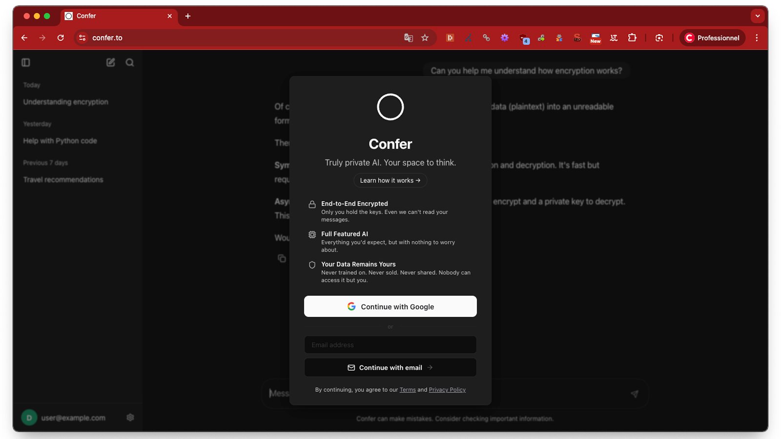 Confer est un assistant IA chiffré de bout en bout, conçu pour garantir une confidentialité totale des messages, lisibles uniquement par l’utilisateur, même par ses propres serveurs - © Confer.to