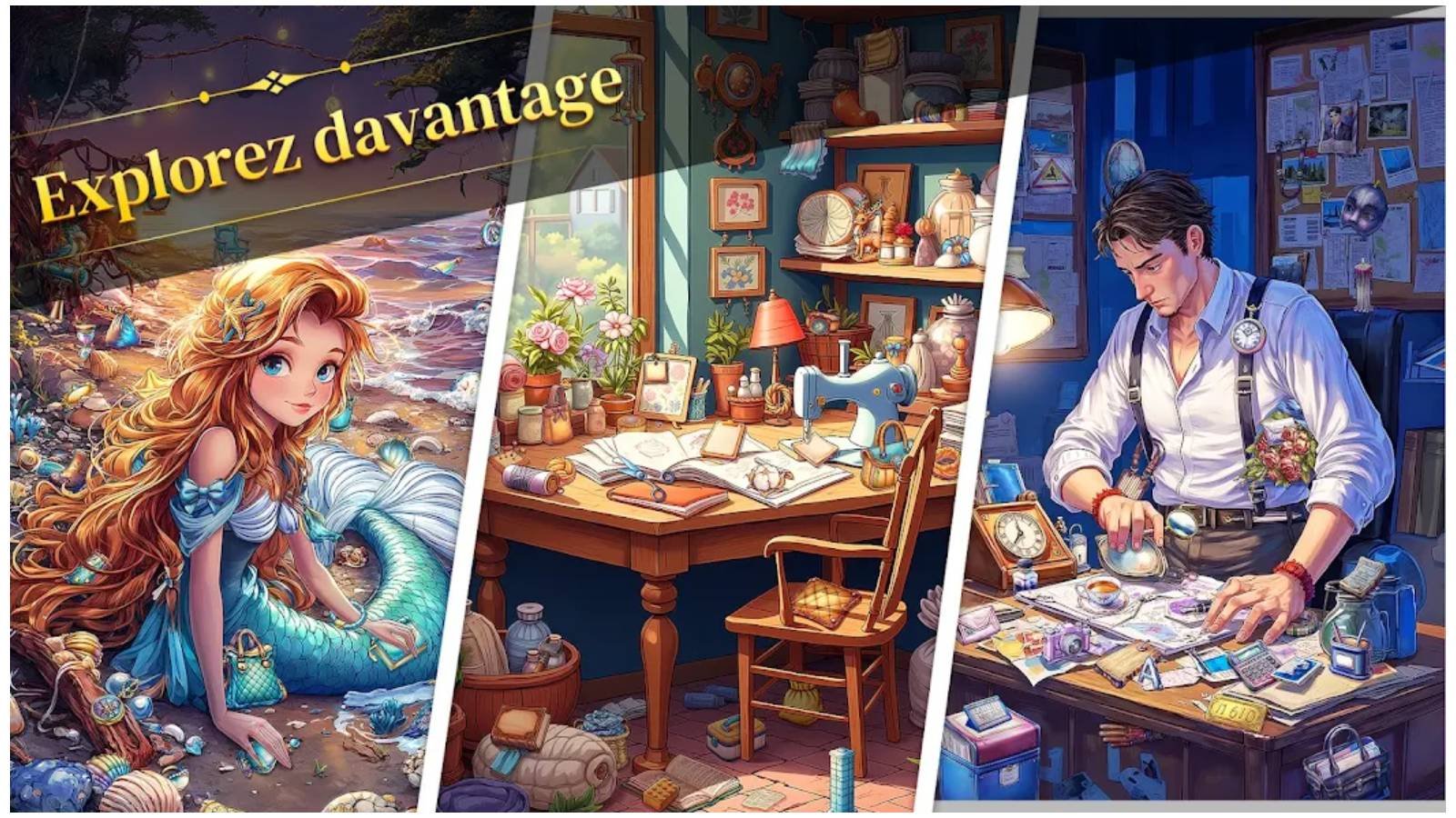Jeux d'Objets Cachés vous invite à retrouver des objets dissimulés dans des scènes mystérieuses, avec des énigmes et une aventure à découvrir. © NimbleMind Network Inc.