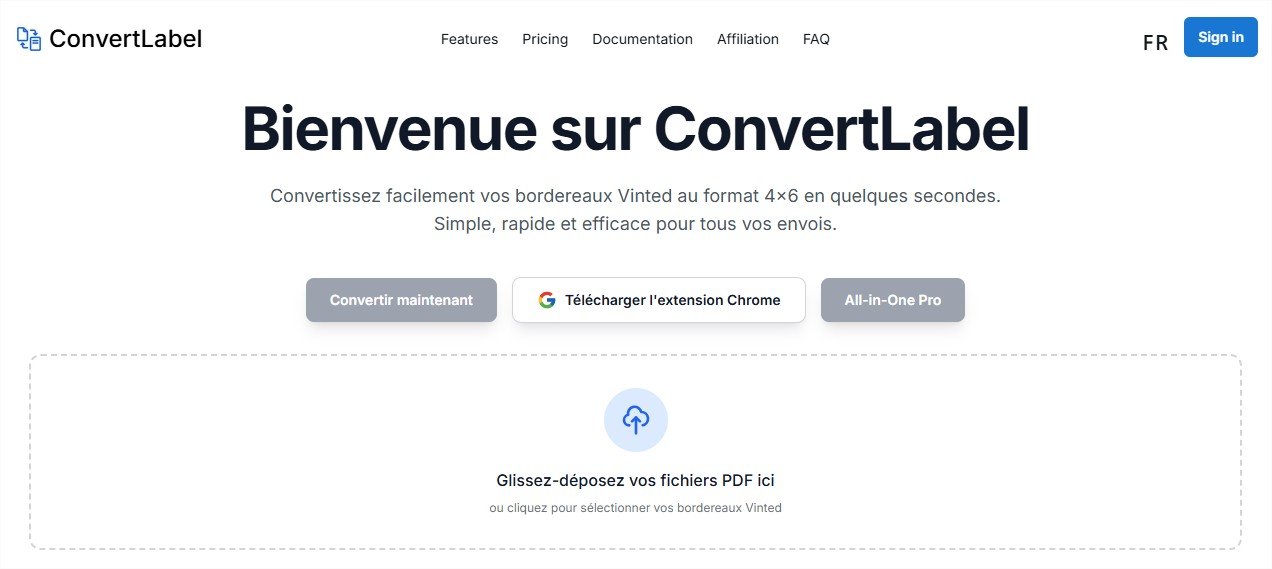 Page d’accueil de ConvertLabel avec l’import d’un fichier PDF Vinted et le téléchargement de l’extension Chrome. © Kevin Sanches
