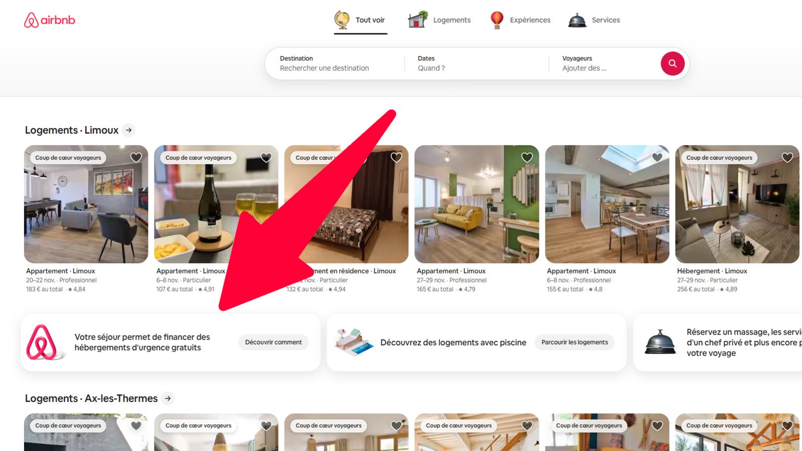 Sur la version web d’Airbnb, le dispositif solidaire d’Airbnb.org s’affiche juste à côté des promotions pour les logements avec piscine et les Services. © Alexandre Boero / Clubic