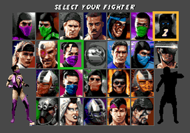 Écran de sélection des personnages, avec un roster étendu et plusieurs combattants secrets à débloquer - © Ultimate Mortal Kombat 3