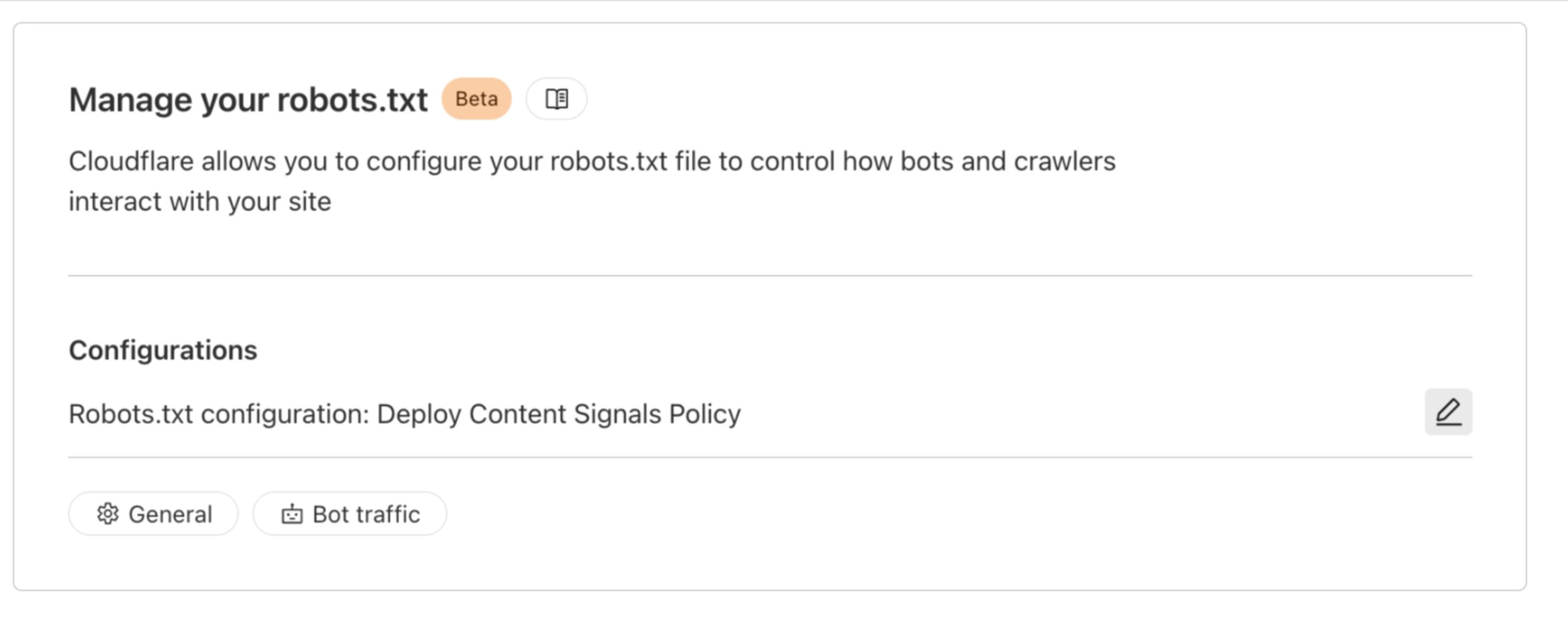 Cloudflare nous montre le bouton qui permet de configurer, depuis ses paramètres, le fichier robots.txt © Cloudflare