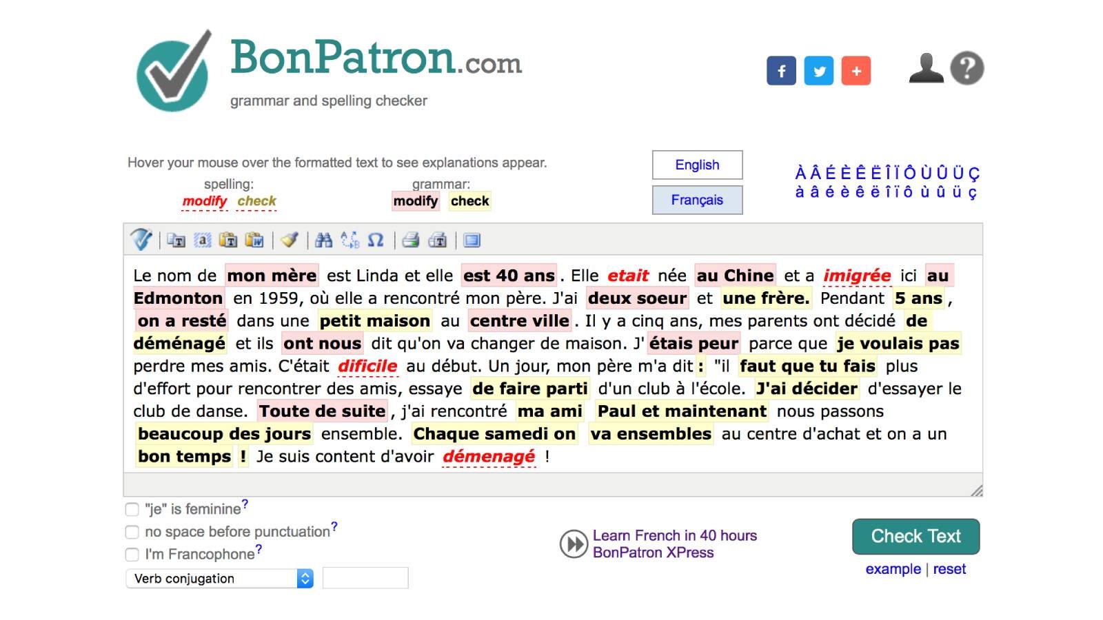 Correcteur en ligne pour le français, BonPatron aide à repérer et comprendre vos erreurs grâce à des explications simples. © Nadaclair Language Technologies Inc.