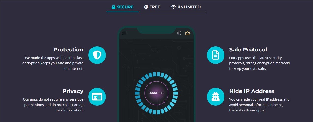 L’application Secure VPN offre une interface claire axée sur la confidentialité et la protection des appareils pour une navigation privée et anonyme. - © Secure VPN