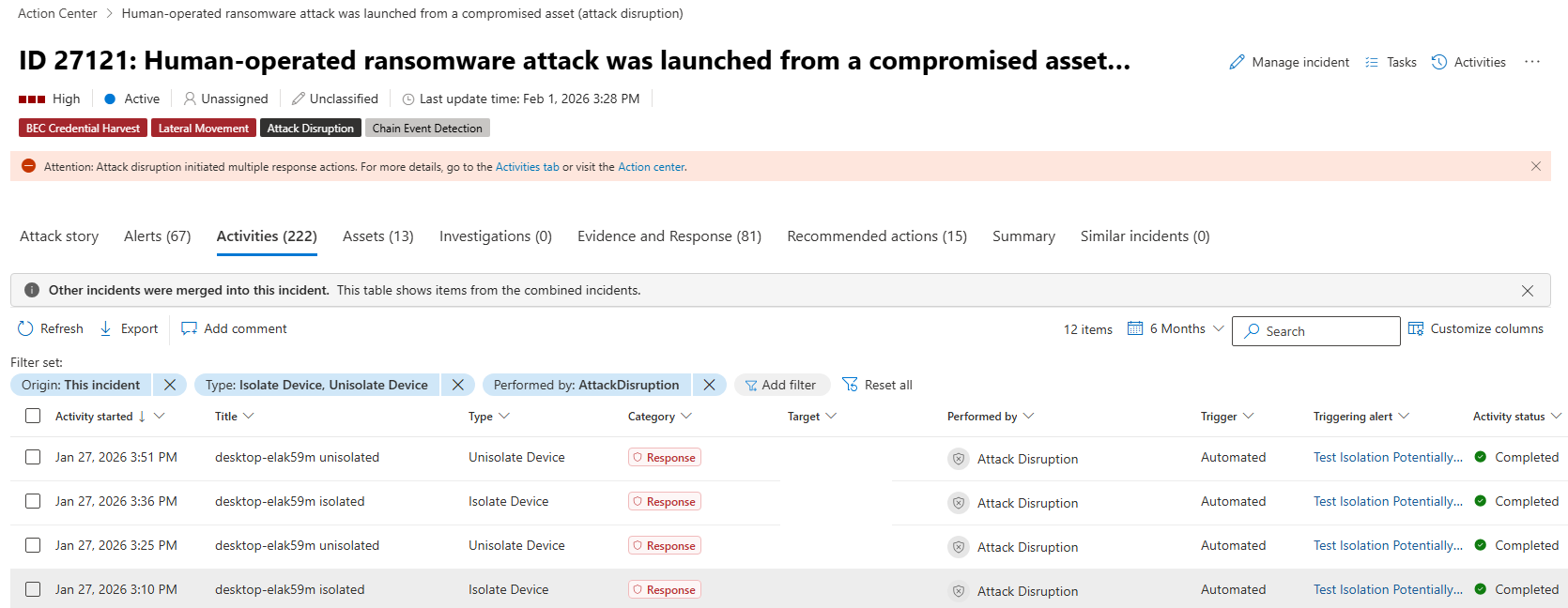 Le portail Microsoft Defender permet de suivre les actions d’isolement et de levée de quarantaine appliquées automatiquement à un appareil compromis. © Clubic