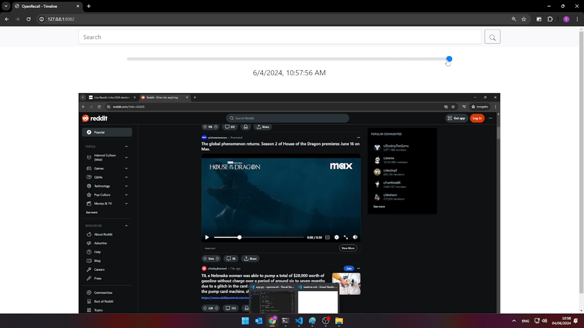 L'interface principale d'OpenRecall permet de naviguer facilement à travers l'historique des captures d'écran.