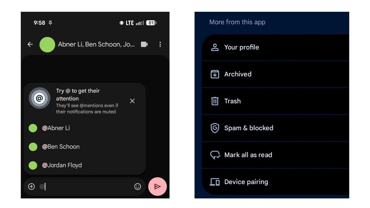 Les mentions et la Corbeille enfin déployées dans Google Messages. ©Google