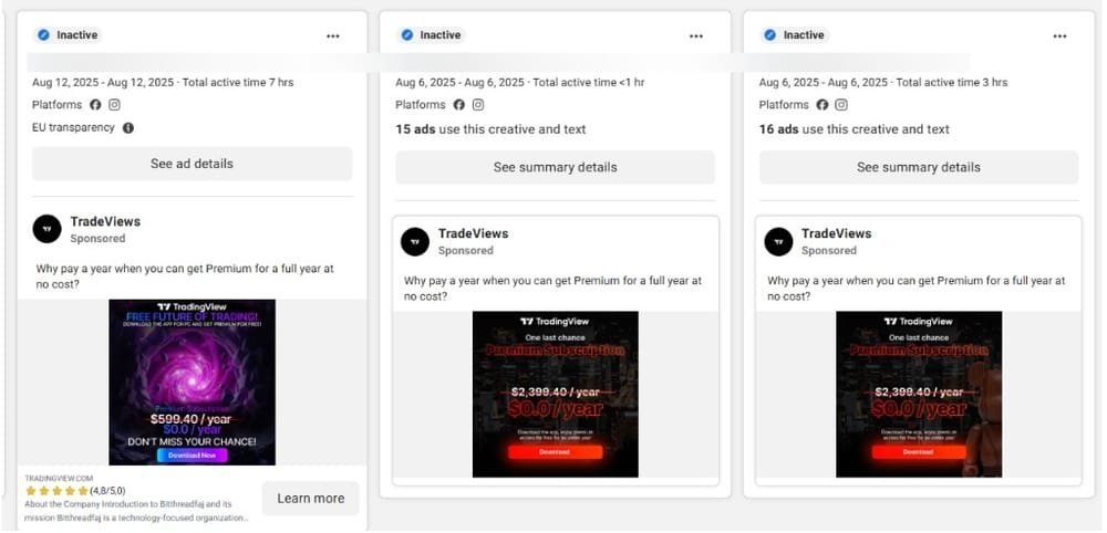 Exemples d'annonces frauduleuses pour TradingView, diffusant le malware Brokewell. © Bitdefender