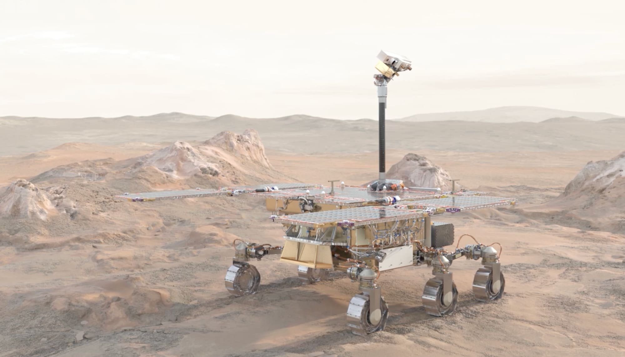 Vue d'artiste du rover Rosalind Franklin en train d'explorer un site martien. © ESA