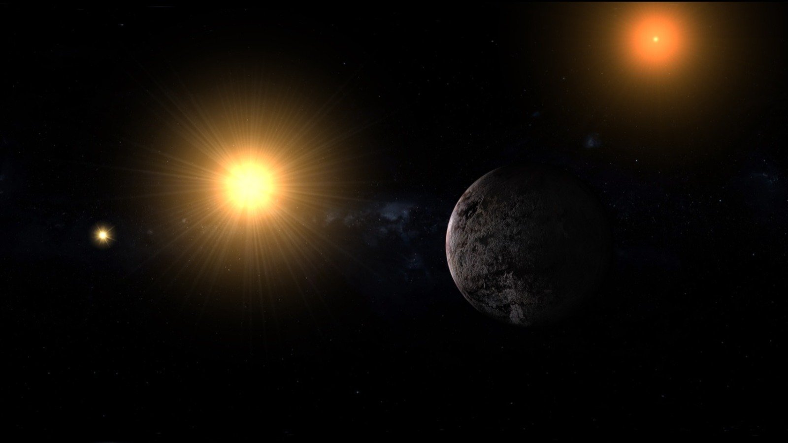 L'exoplanète Proxima Centauri b avec les étoiles Alpha Centauri et l'étoile rouge. ©BSTOCKVIDEO x Shutterstock