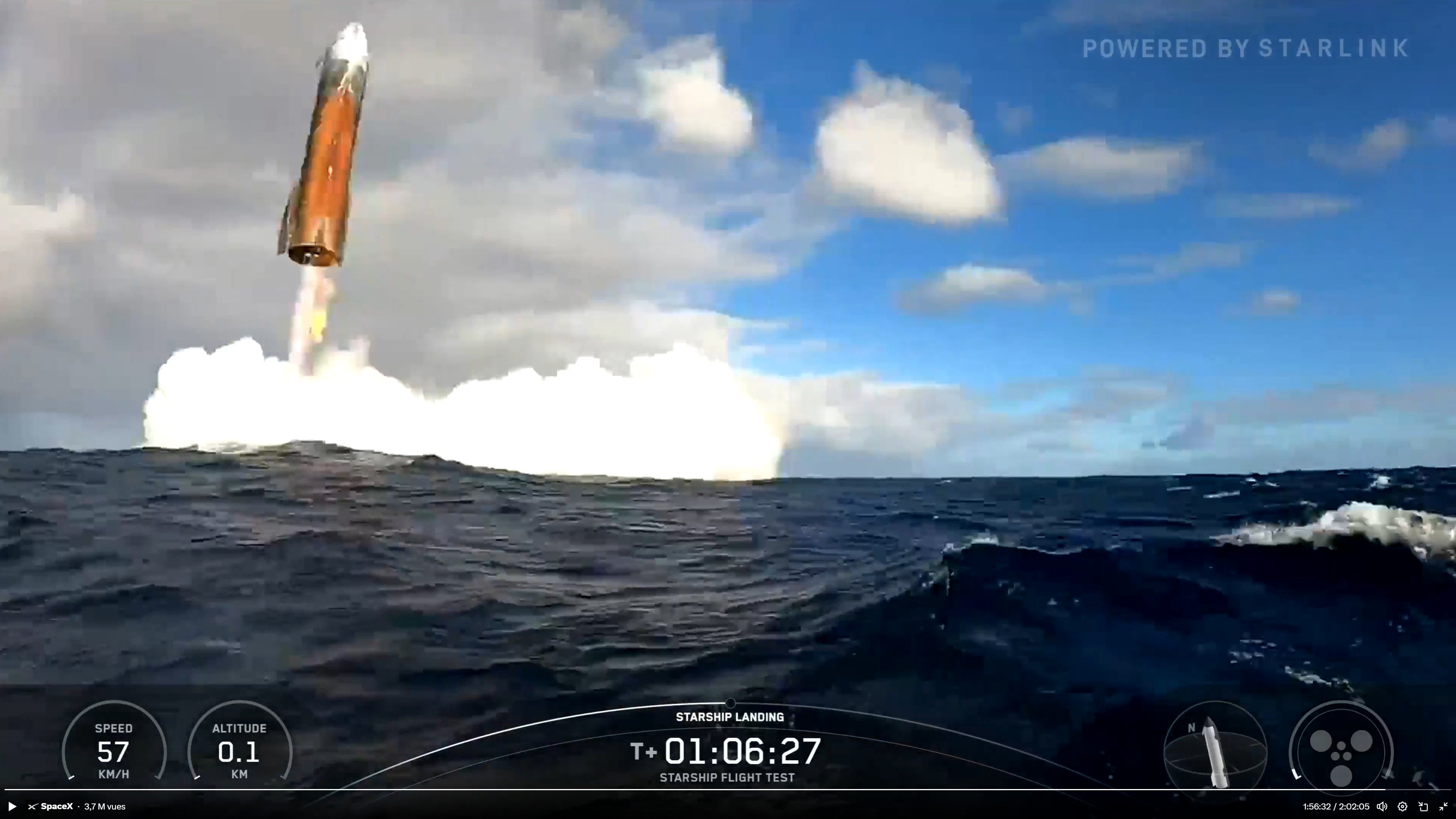 Starship a parfaitement réussi sa rentrée atmosphérique et son amerrissage dans l'océan Indien. ©Clubic
