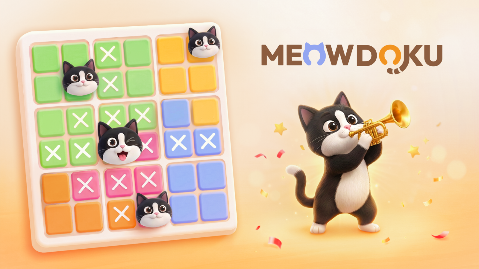 Meowdoku transforme le puzzle logique en terrain de jeu pour chats. Chaque case compte pour trouver le bon emplacement et compléter la grille. © Oakever Games