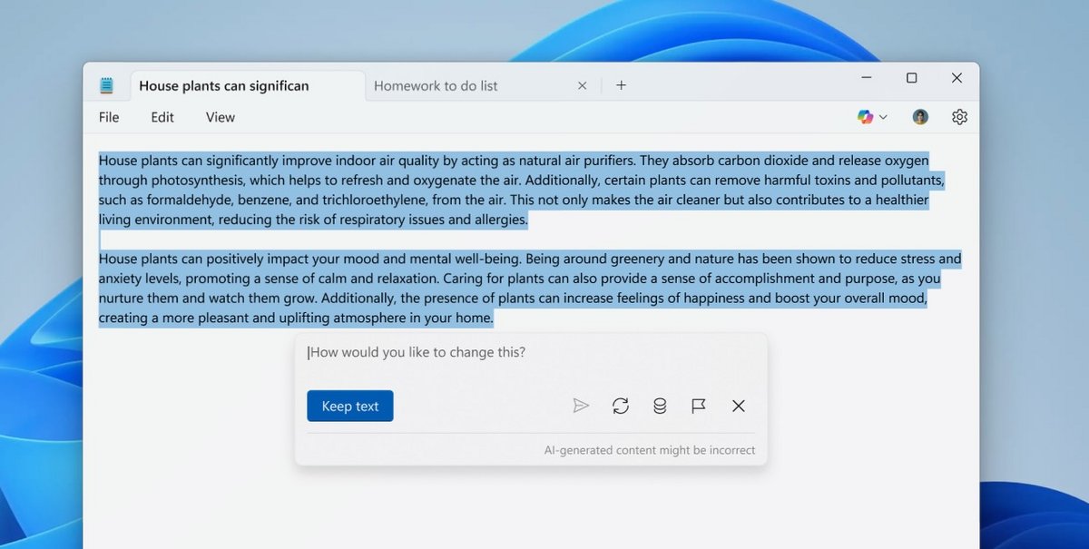 Un assistant à la rédaction arrive sur Notepad. ©Microsoft